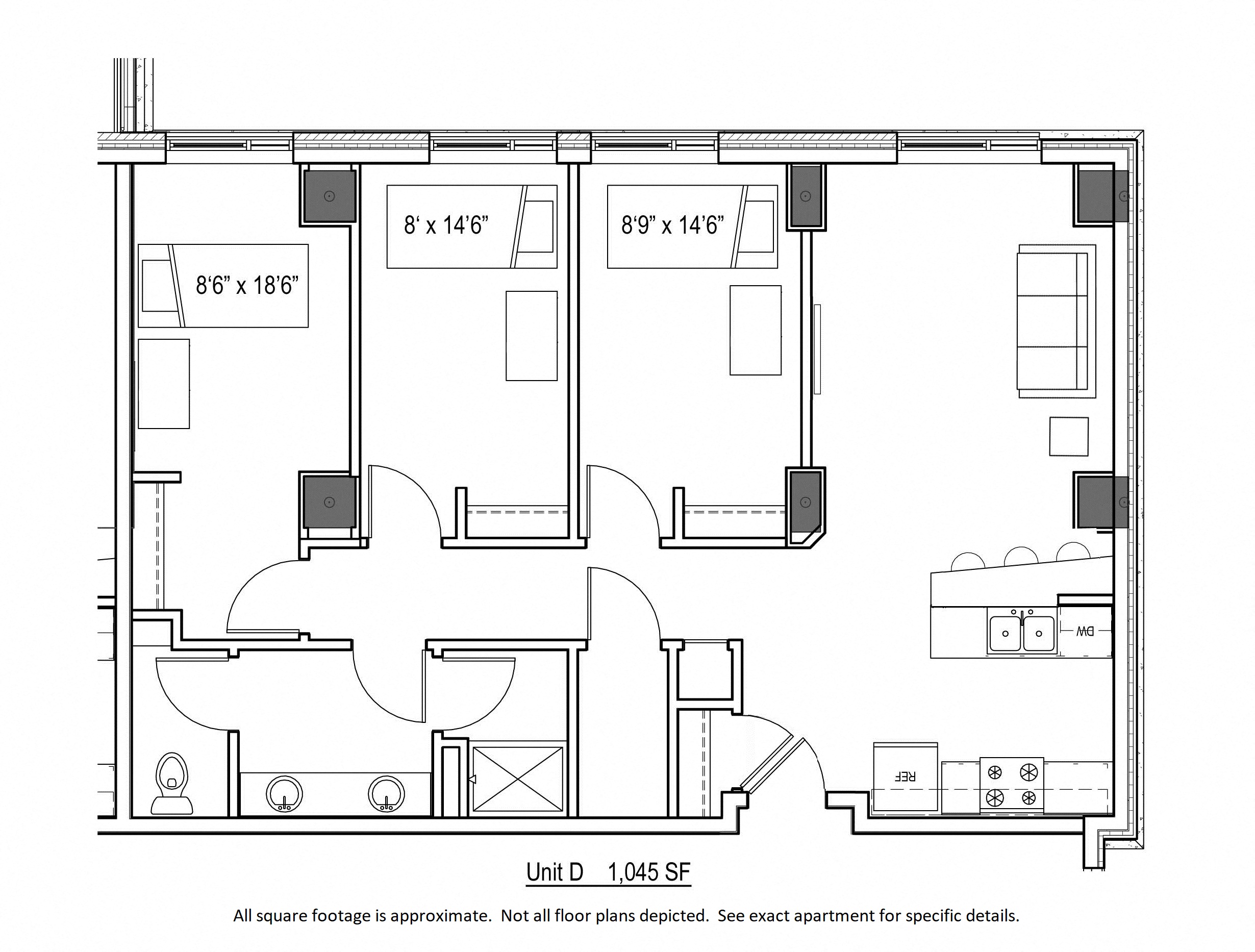 Floor plan for 3 beds, 1 bath, 1045 sqft